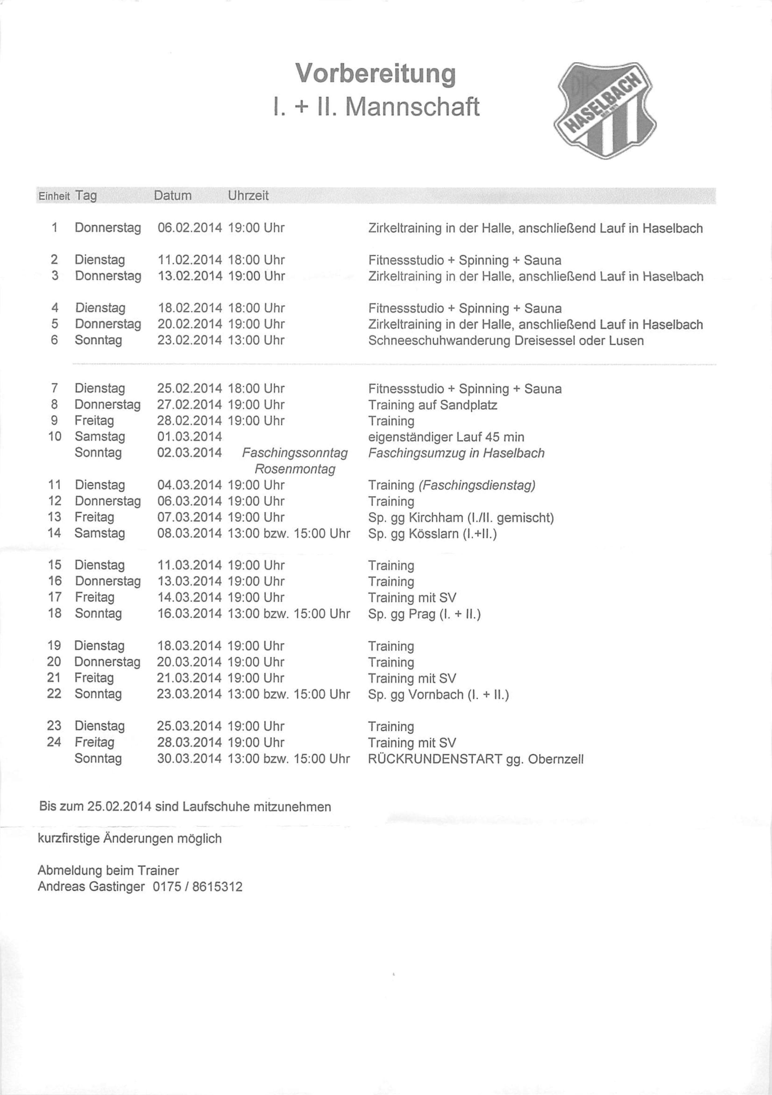 DJK Haselbach - Vorbereitungsplan Frühjahr 2014